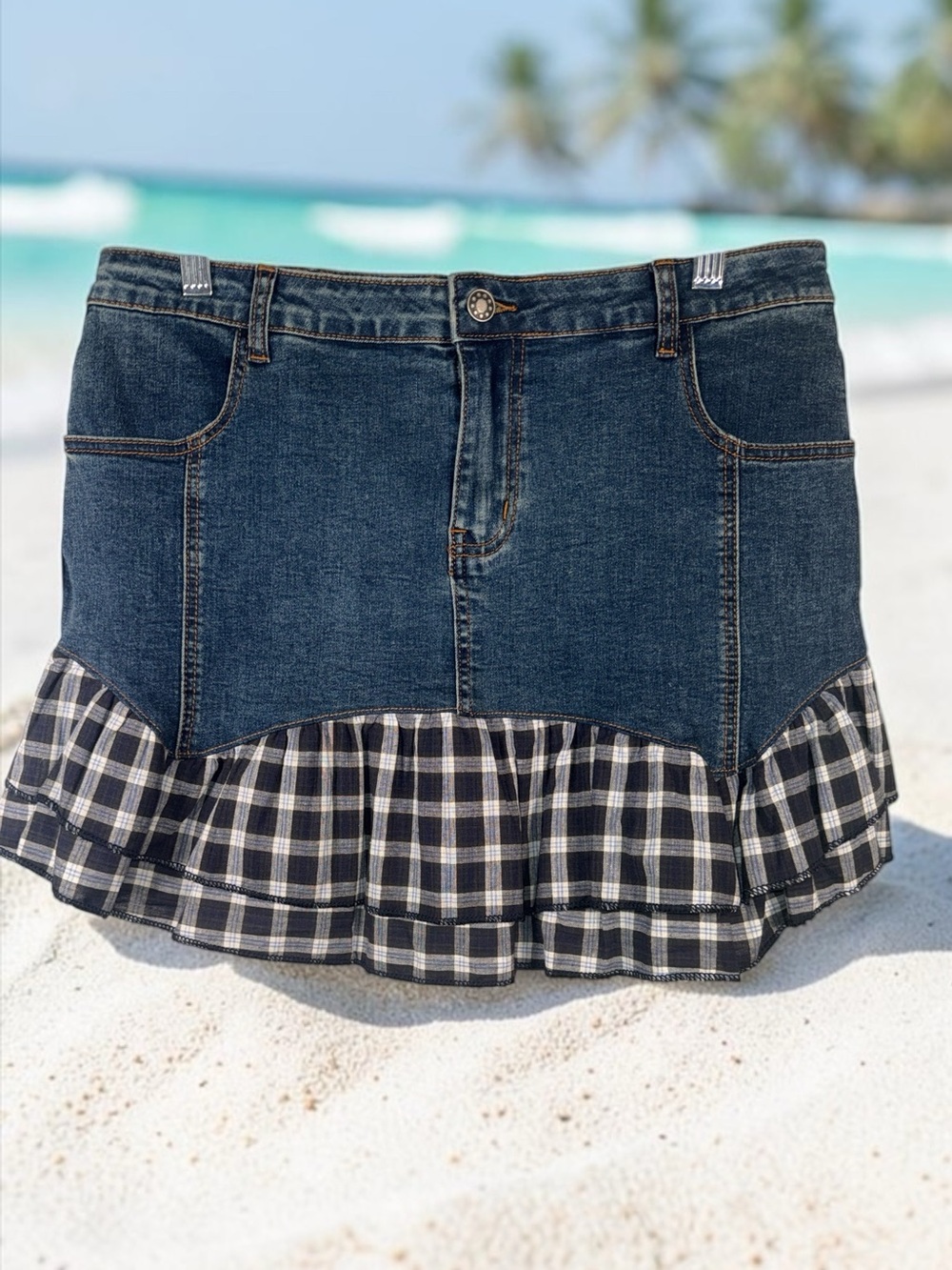 dELiA*s Dark Blue Denim Mini Skirt with Black & White Plaid Ruffle